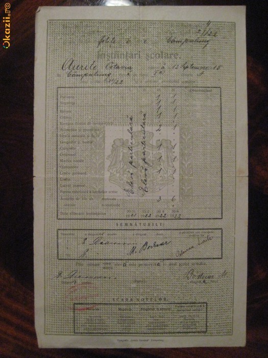 DOCUMENT SCOLAR BUCOVINA - CAMPULUNG - 1922 foto mare