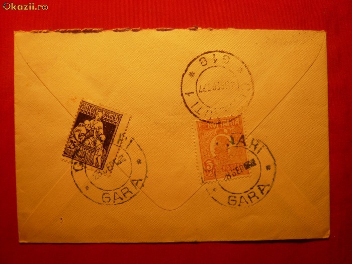 Plic circ.cu val.5 Lei UzFerd. si 25 Bani As.Soc.,stamp.albastra foto mare