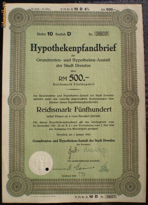18. GERMANIA ACT IPOTECAR 500 REICHSMARK 1.01.1943 DRESDEN foto mare