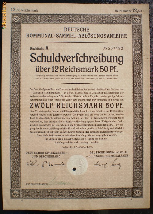 03. GERMANIA OBLIGATIUNE 12,5 REICHSMARK 1.11.1926 BERLIN foto mare
