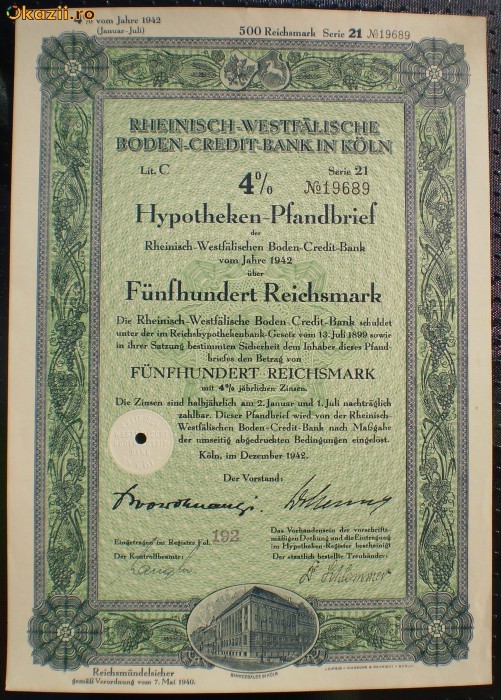 12. GERMANIA ACT IPOTECAR 500 REICHSMARK 12.1942 KOLN foto mare