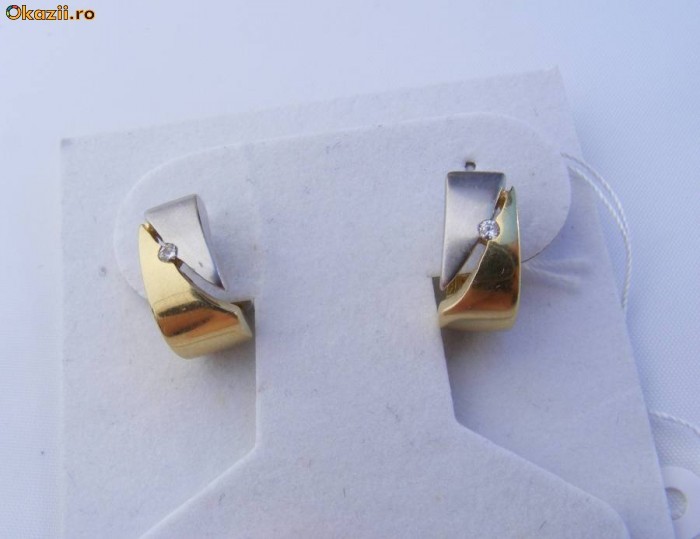 Cercei semiHOOP din aur 14K in 2 tonuri, 5.8g, ornati cu 2 BRILIANTE F-VS foto mare