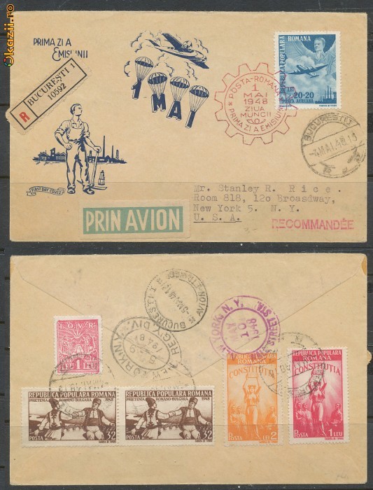 RFL Romania 1948 1 Mai timbru de Posta Aeriana pe FDC circulat pana in SUA foto mare