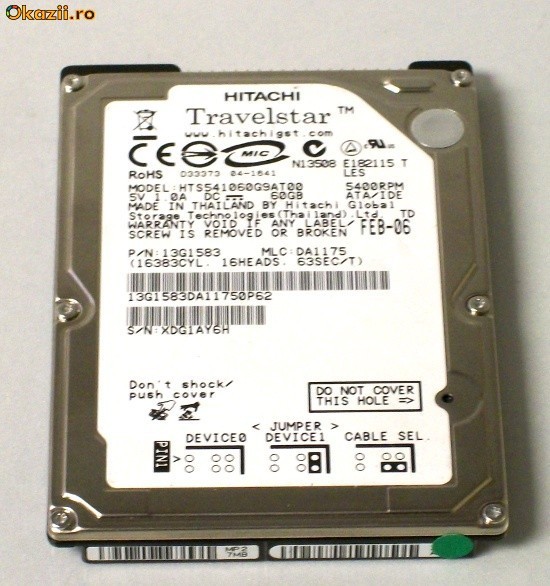 Vand Hard Disk Hitachi Travelstar 60GB IDE ATA PATA 2.5 162 zile de functionare foto mare