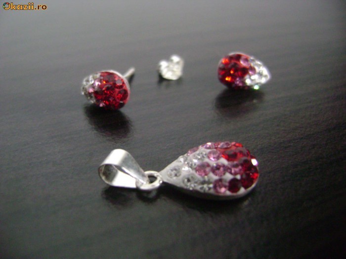 SET ARGINT MODEL LACRIMA CRISTALE SWAROVSKI ROSII foto mare