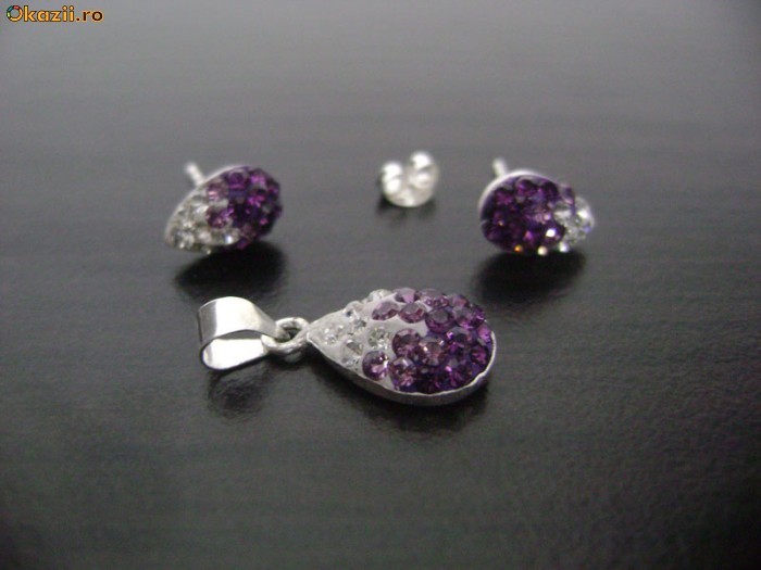 SET ARGINT MODEL LACRIMA CRISTALE SWAROVSKI MOV foto mare