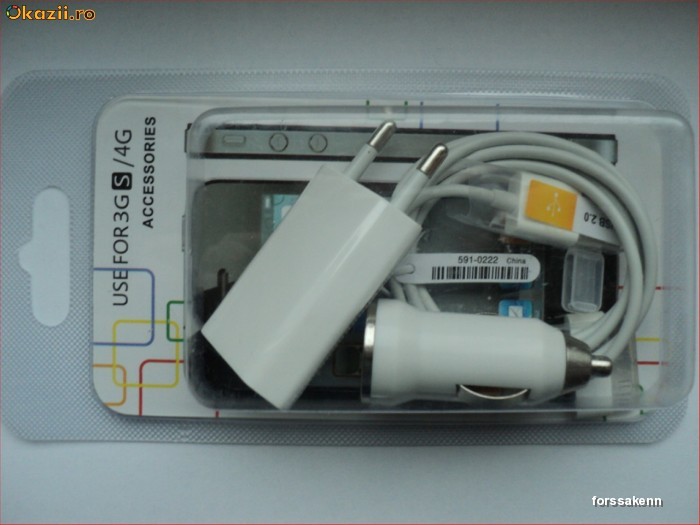 Set incarcator auto + incarcator casa iPhone 4 4S 3G 3GS 2G cu cablu de date poza reala foto mare