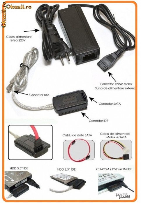 ADAPTOR SATA IDE USB RACK EXTERN HDD 2.5 LAPTOP si 3.5 DESKTOP DVD-RW 4 INTERFETE foto mare