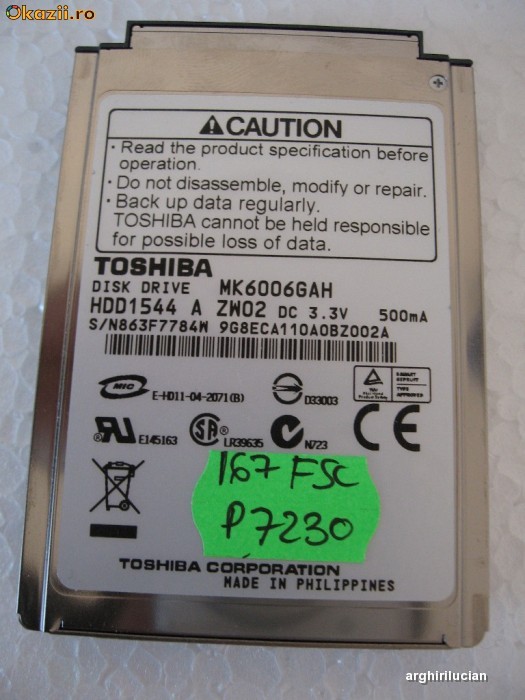 HDD 1,8 inch IDE PATA 4200 rpm 60 Gb Toshiba MK6006GAH 167 FSC P7230 foto mare